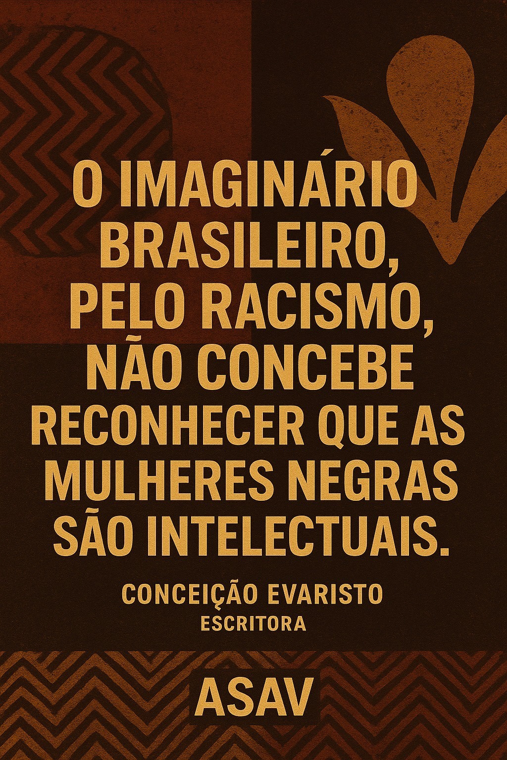 Car de fundo preto com texto em letras amarelas: "O imaginário brasileiro, pelo racismo, não concebe reconhecer que as mulheres negras são intelectuais. Conceição Evaristo, escritora". Logo da Asav.