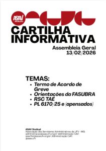 Capa da cartilha: fundo branco com faixa decorativa com semicírculos vermelhos na parte superior. Texto: "Cartilha Informativa - assembleia geral 13/02/2026. Temas: termo de acordo de greve, orientações da fasubra, RSC TAE, PL 6170/25 (e apensados)". 