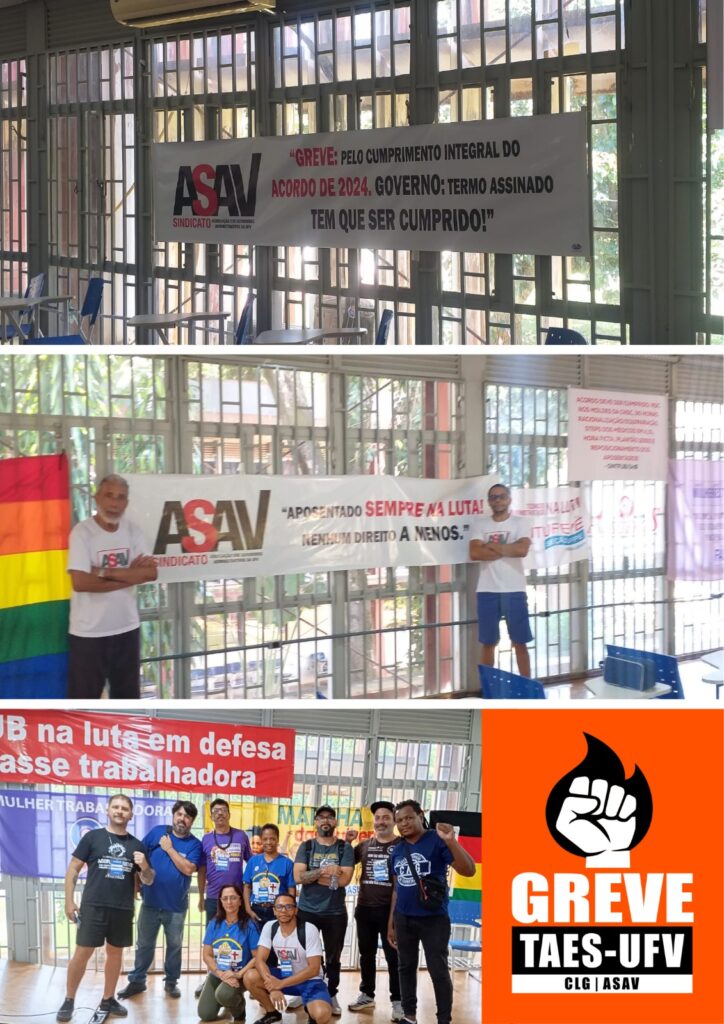 Sequência de 3 fotos, uma sobre a outra. Primeira foto: faixa pendurada nas grades de uma grande janela, com os dizeres: "Greve pelo cumprimento integral do acordo de 2024. Governo: termo assinado tem que ser cumprido!'. Segunda foto: homem idoso e outro jovem, cada um na ponta de uma outra faixa pendurada, com os dizeres: "aposentado sempre na luta! Nenhum direito a menos!". Terceira foto: grupo de 9 pessoas, apenas duas mulheres, a maioria com camiseta azul; dois deles estão com o punho fechado em frente ao corpo. À direita da foto, logo do Comando de Greve 2026 da Asav em laranja, preto e branco. 