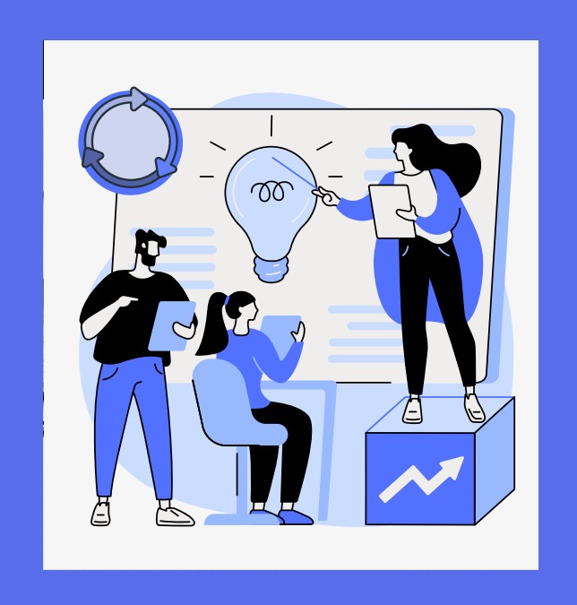 Três pessoas desenhadas: um homem e duas mulheres. O homem faz anotações num caderno, uma das mulheres está sentada com um papel nas mãos e a outra mulher está de pé sobre um cubo apontando para uma lâmpada acesa.