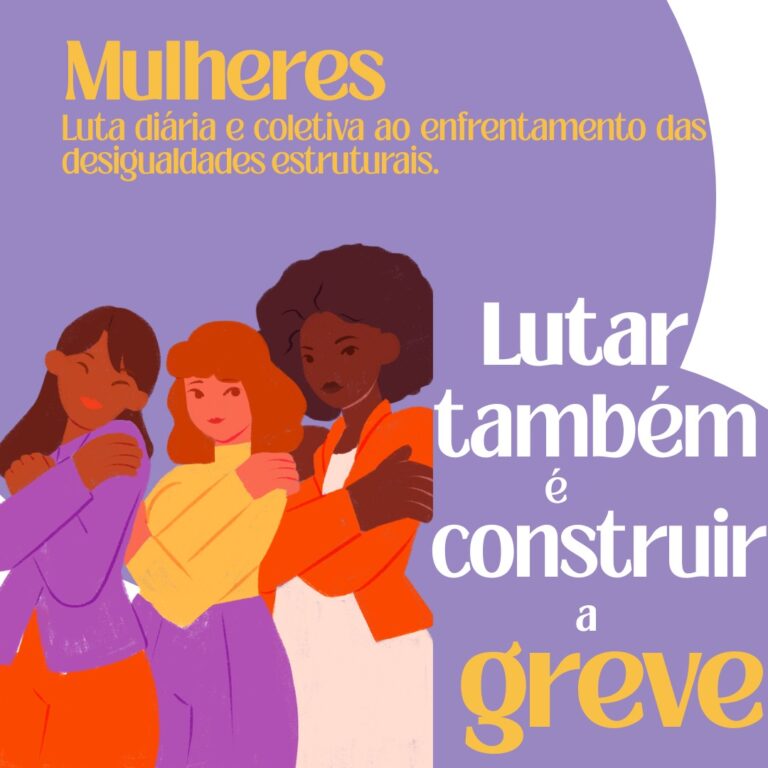 Quadrado roxo co 3 mulheres desenhadas, nesta ordem: uma indígena, uma branca e uma negra. As três estão ligeiramente de lado, braços cruzados em frente ao corpo e as mãos tocando os ombros, como se dessem um abraço em si mesmas. A mulher indígena tem os olhos fechados, e as outras duas olham na nossa direção.