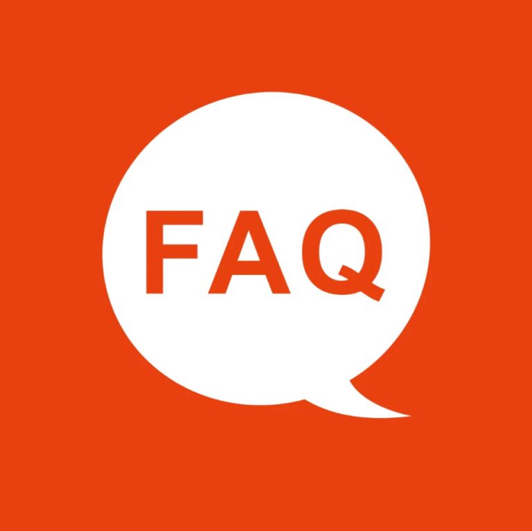 Quadrado laranja com balão de fala branco e as letras FAQ.