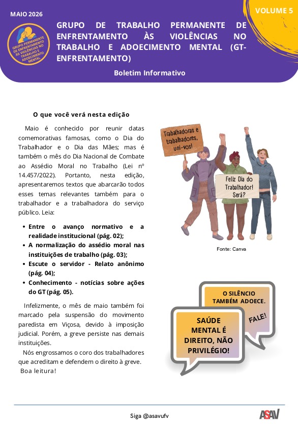 Capa do boletim de maio. Uma imagem ilustrstiva mostra três pessoas desenhadas, sendo uma mulher negra e dois homens (um pardo e o outro branco). As três pessoas seguram cartazes com frases pelo dia do trabalhador.
