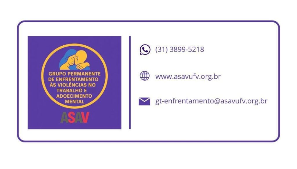 Logotipo do GT Enfrentamento, com os seguintes dados de contato: telefone: (31) 3899-5218. Site: www.asavufv.org.br . E-mail: gt-enfrentamento@asavufv.org,br". 