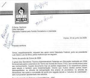Foto de parte da primeira página do ofício, com a assinatura da deputada federal Célia Xakriabá. 