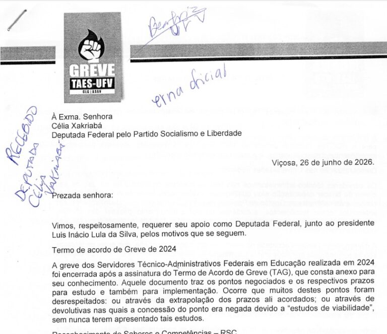 Foto de parte da primeira página do ofício, com a assinatura da deputada federal Célia Xakriabá.