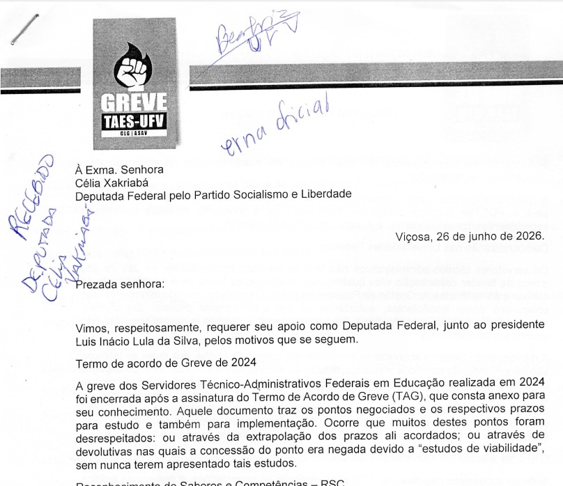 Foto de parte da primeira página do ofício, com a assinatura da deputada federal Célia Xakriabá.