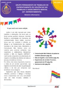 Capa do boletim de junho de 2026, com textos e ilustrações de bandeirolas de festa junina, desenho de pessoas de cores diferentes de mãos dadas formando um círculo (uma delas com chapéu de palha) e uma bandeira arco-íris.
