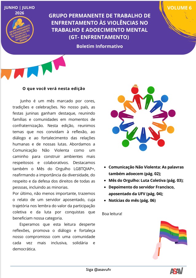 Capa do boletim de junho de 2026, com textos e ilustrações de bandeirolas de festa junina, desenho de pessoas de cores diferentes de mãos dadas formando um círculo (uma delas com chapéu de palha) e uma bandeira arco-íris.
