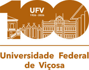 Selo comemorativo dos 100 anos da UFV, em marrom sobre fundo branco.