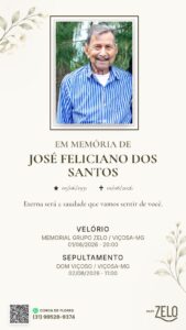 Card de fundo bege com foto colorida de José Feliciano dos Santos ao centro. Ele é um homem pardo, magro, cabelos grisalhos lisos e penteados de lado, olhs castanhos pequenos e oblíquos, nariz reto de abas arredondadas e lábios finos; bigode e barba ralos e grisalhos, usa camiseta branca e camisa social listrada de azul por cima, com os botões fechados. Ele olha para nós e sorri. 