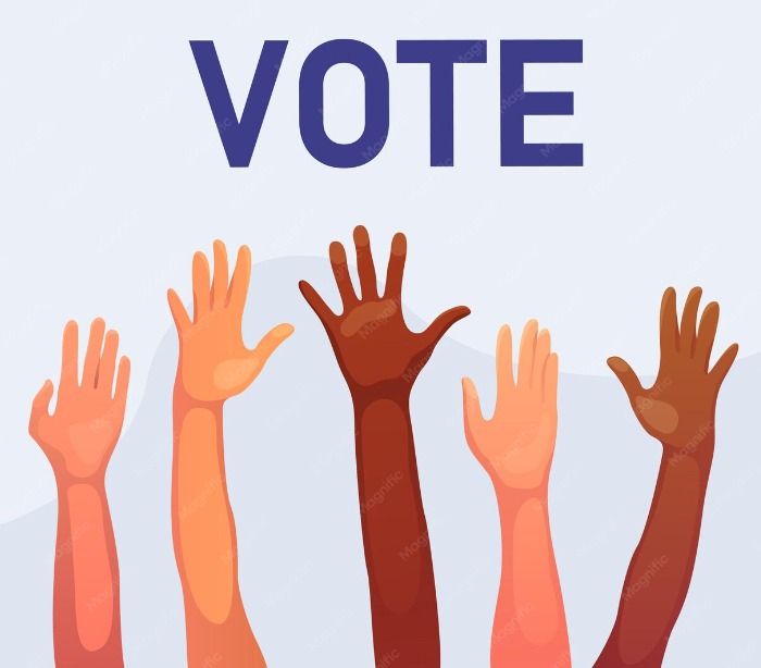 Desenho de várias mãos erguidas, cada uma com cor de pele diferente. Acima delas, a palavra "vote".