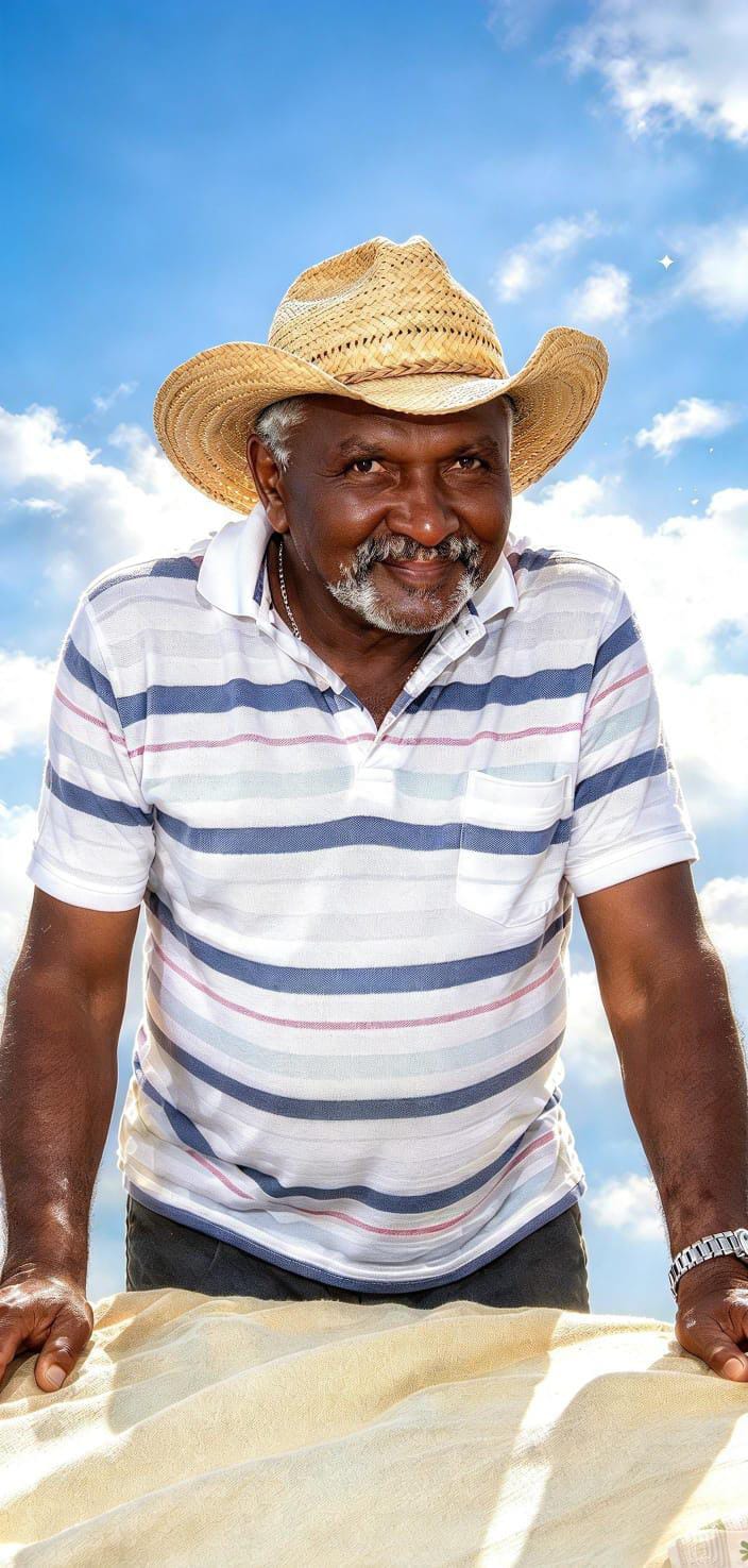 Vicente está de pé apoiado em uma mesa , olhando para nós e sorrindo discretamente. Ele é um homem negro, rosto redondo, cabelos barba e bigode grisalhos, nariz pargo; usa um chapéu de palha com abas arqueadas para cima e camisa listrada de branco e azul.